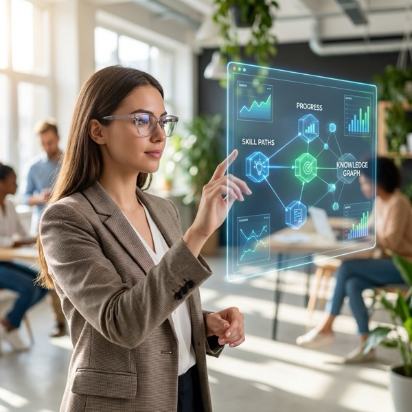 Девушка в умных очках изучает цифровой интерфейс обучения